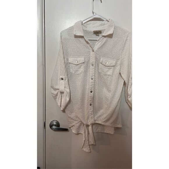 ONEWORLD WHITE EYELET BUTTON DOWN BLOUSE SIZE M - Picture 2 of 9